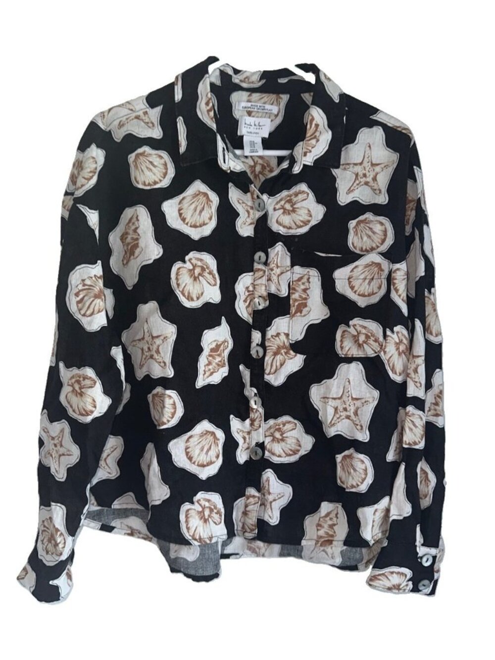 Nicole Miller Women's Medium 100% Linen Long Sleeve Black Seashell Print EU Flax